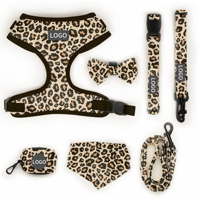 Polyester Leopard Print Pet Harness Sets Logo Verstellbares Kragenleine Gitter Hundegurt